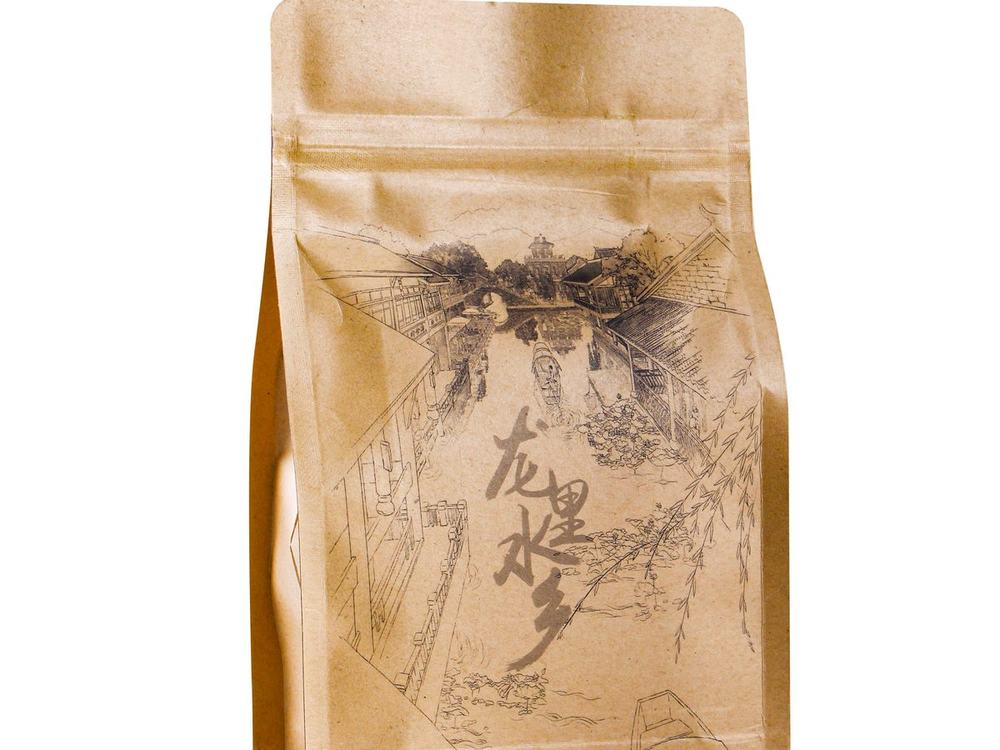 Flat bottom quad seal bag with four side seals and kraft-look print