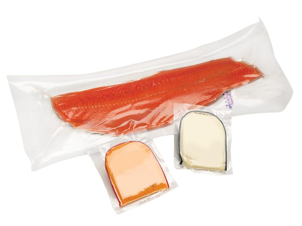 Clear vacuum pouches used for meat, cheese and seafood packing